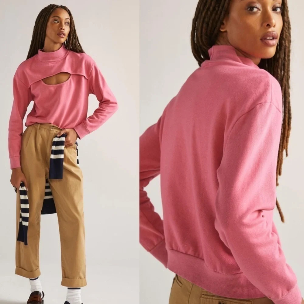 Anthropologie T.La Cut-Out Funnel Neck Sweatshirt Pink